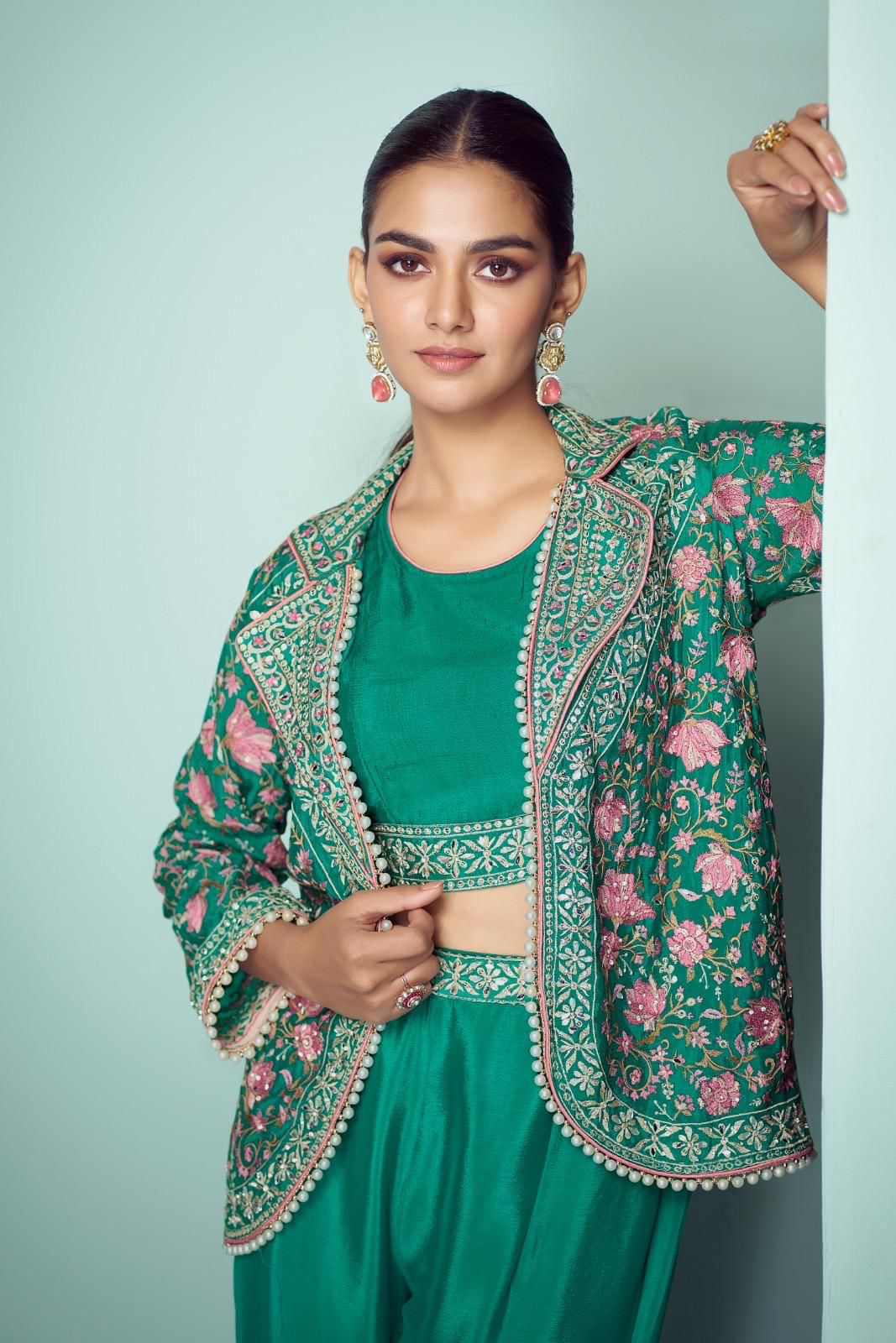 Emerald Green Floral Embroidered Suit