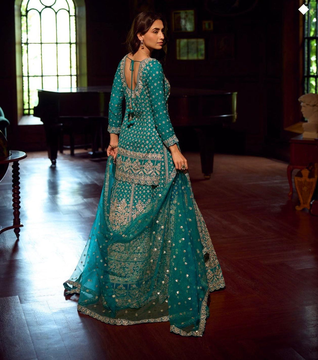 Teal Blue Embroidered Festive Lehenga Set
