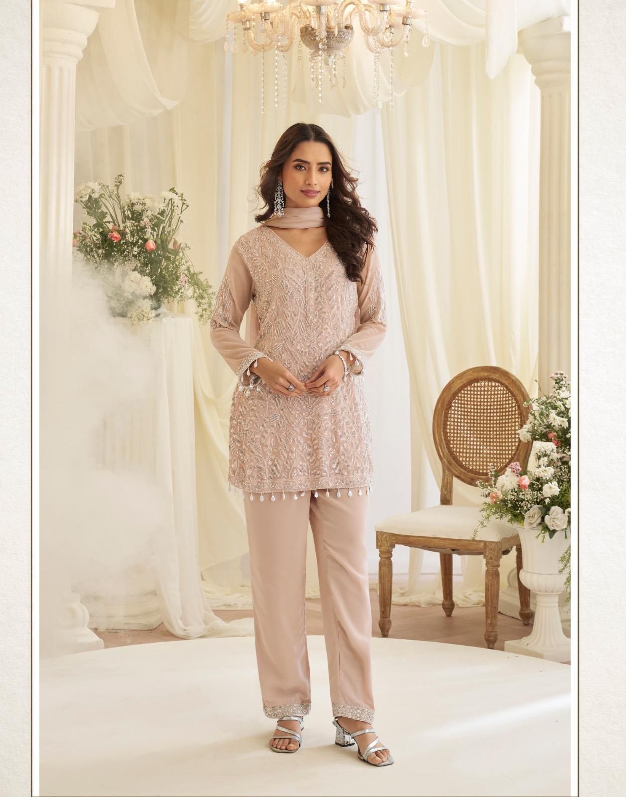 Peach Embroidered Kurta Pant Set