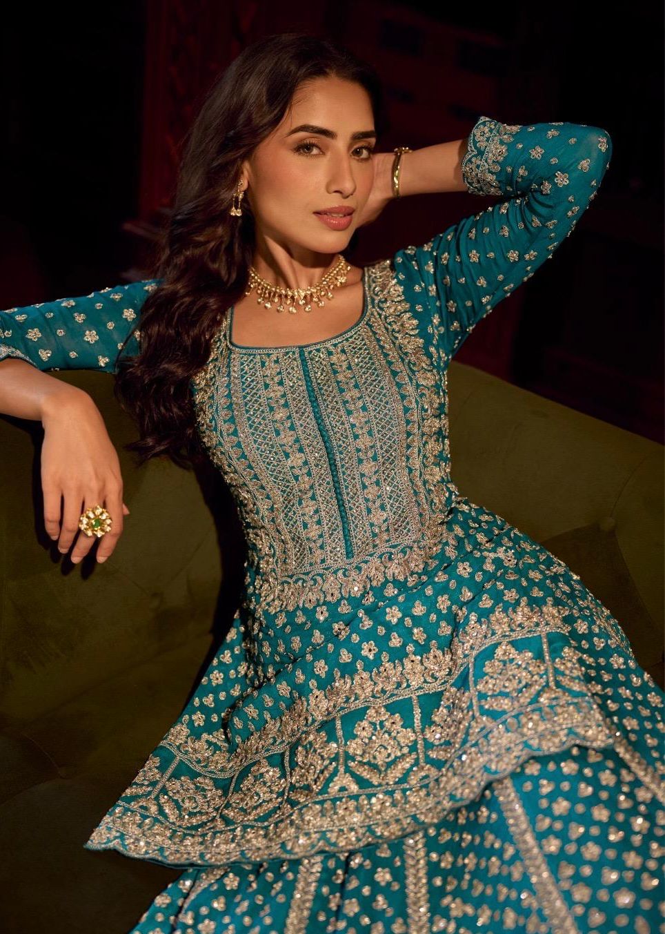 Teal Blue Embroidered Festive Lehenga Set