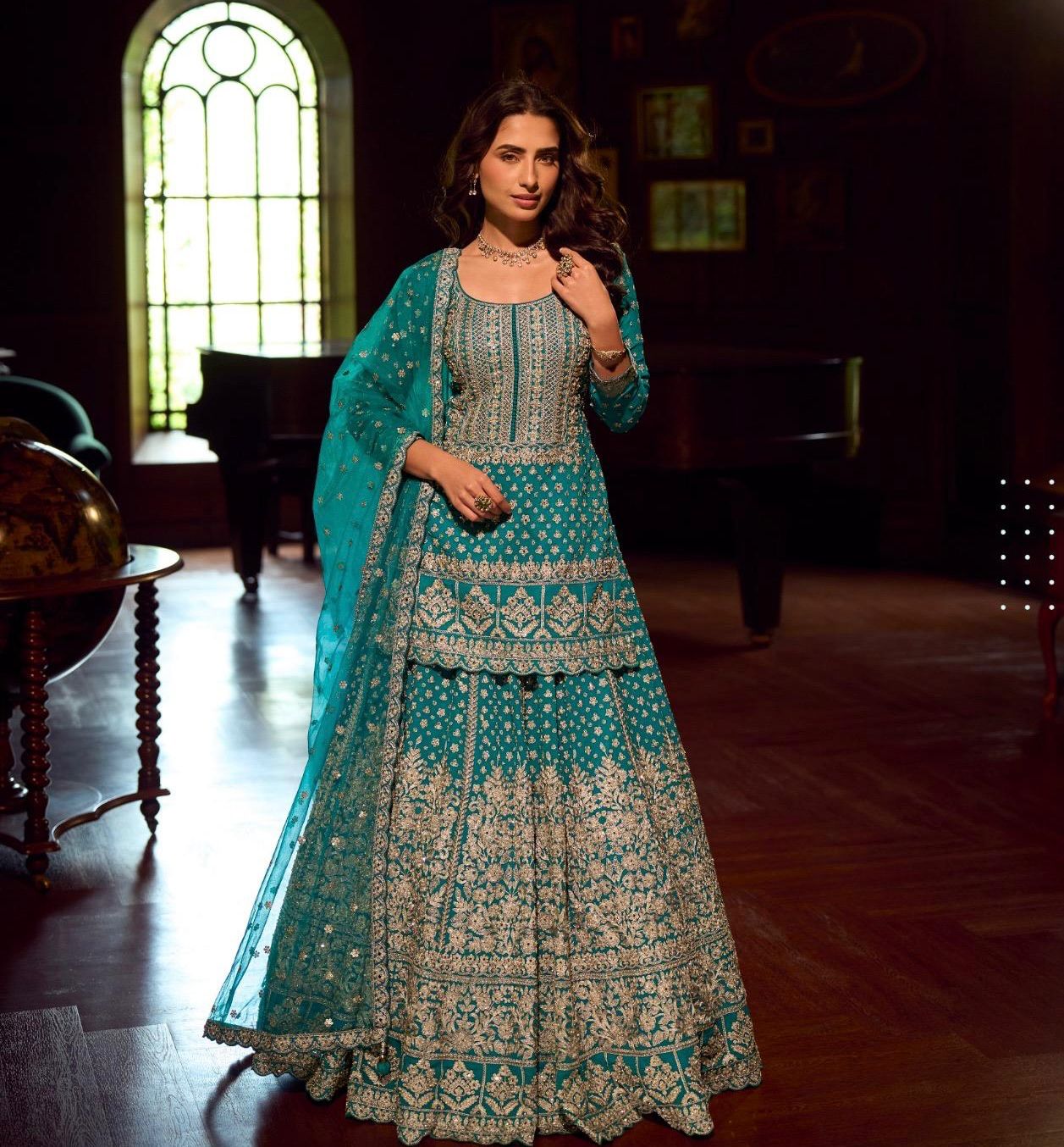 Teal Blue Embroidered Festive Lehenga Set