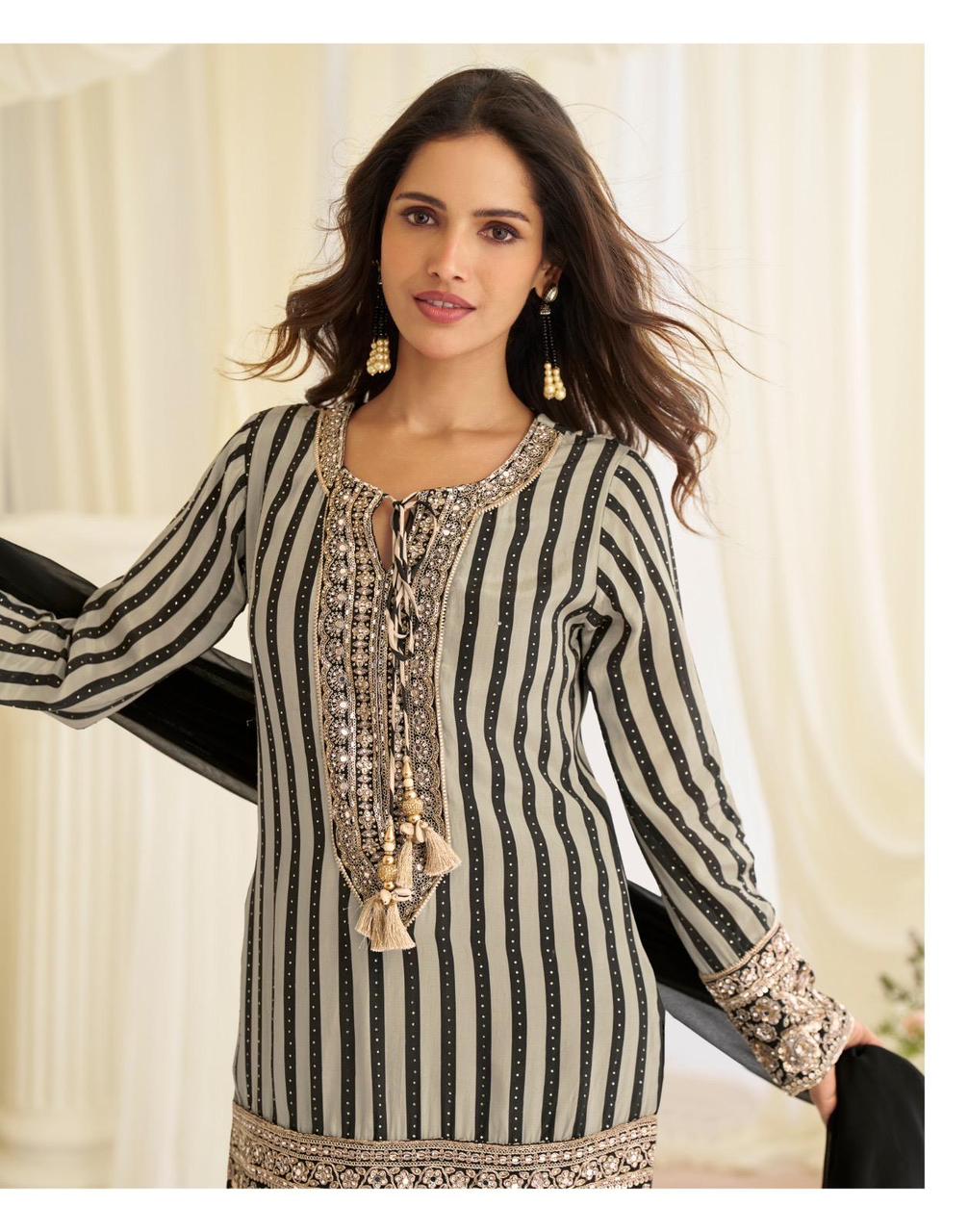 Black & White Striped Embroidered Kurti