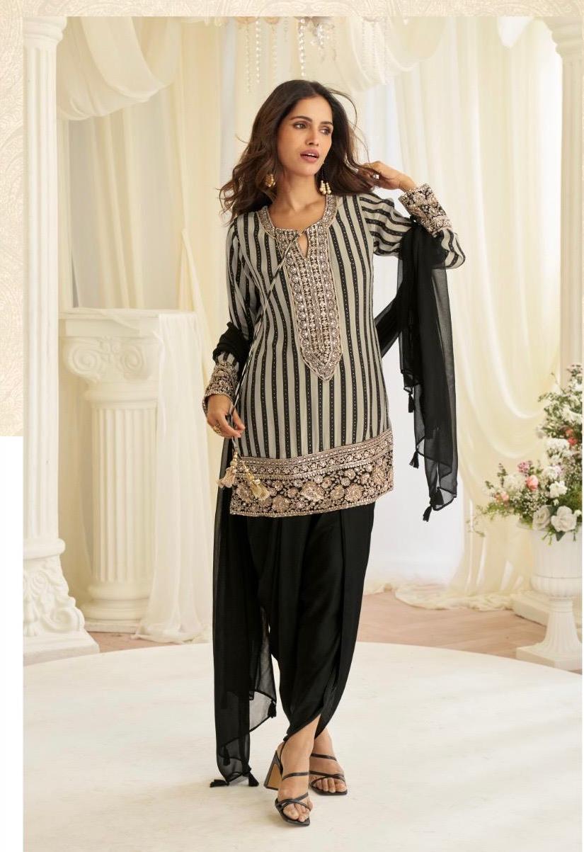 Black & White Striped Embroidered Kurti