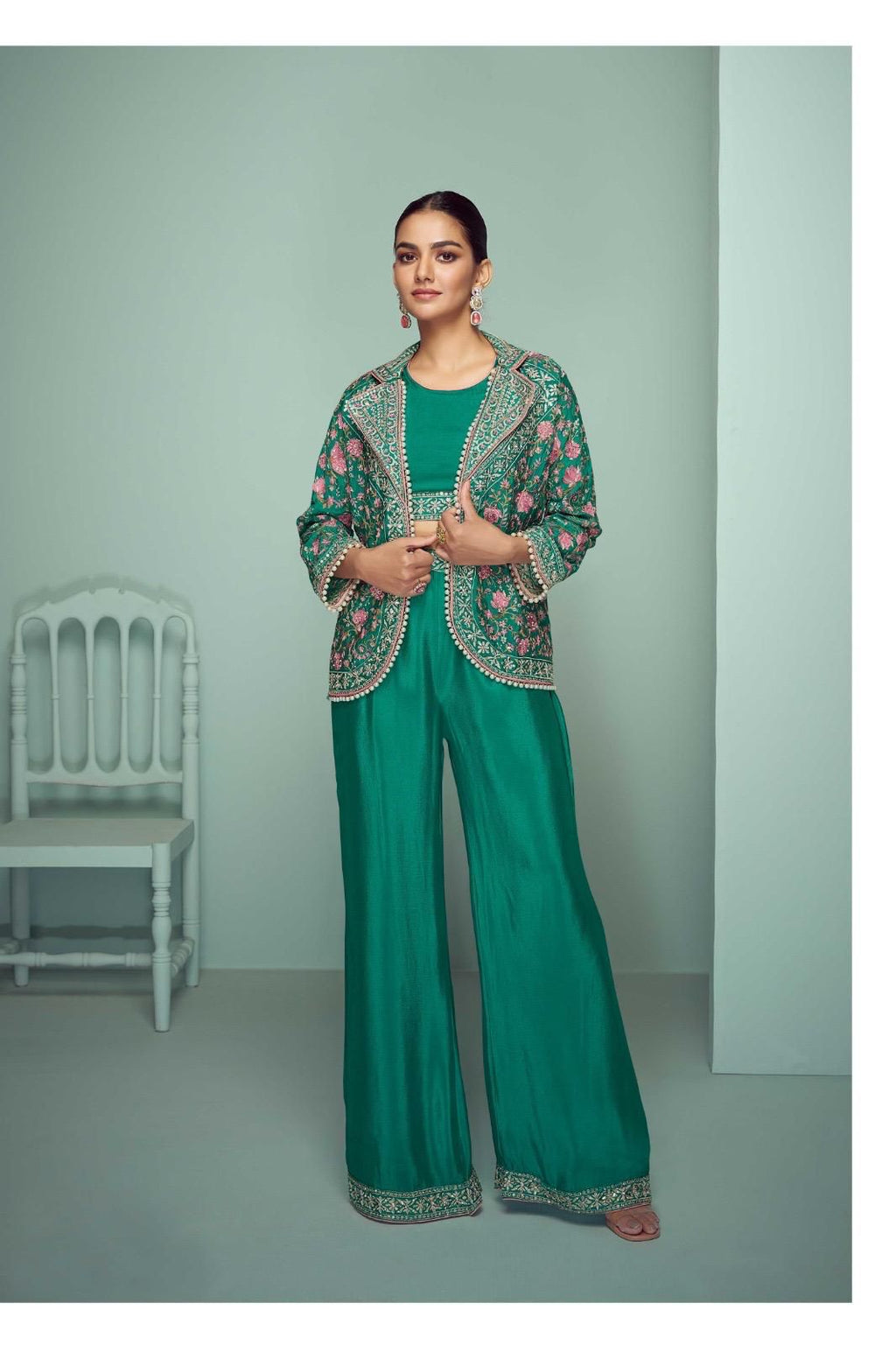 Emerald Green Floral Embroidered Suit