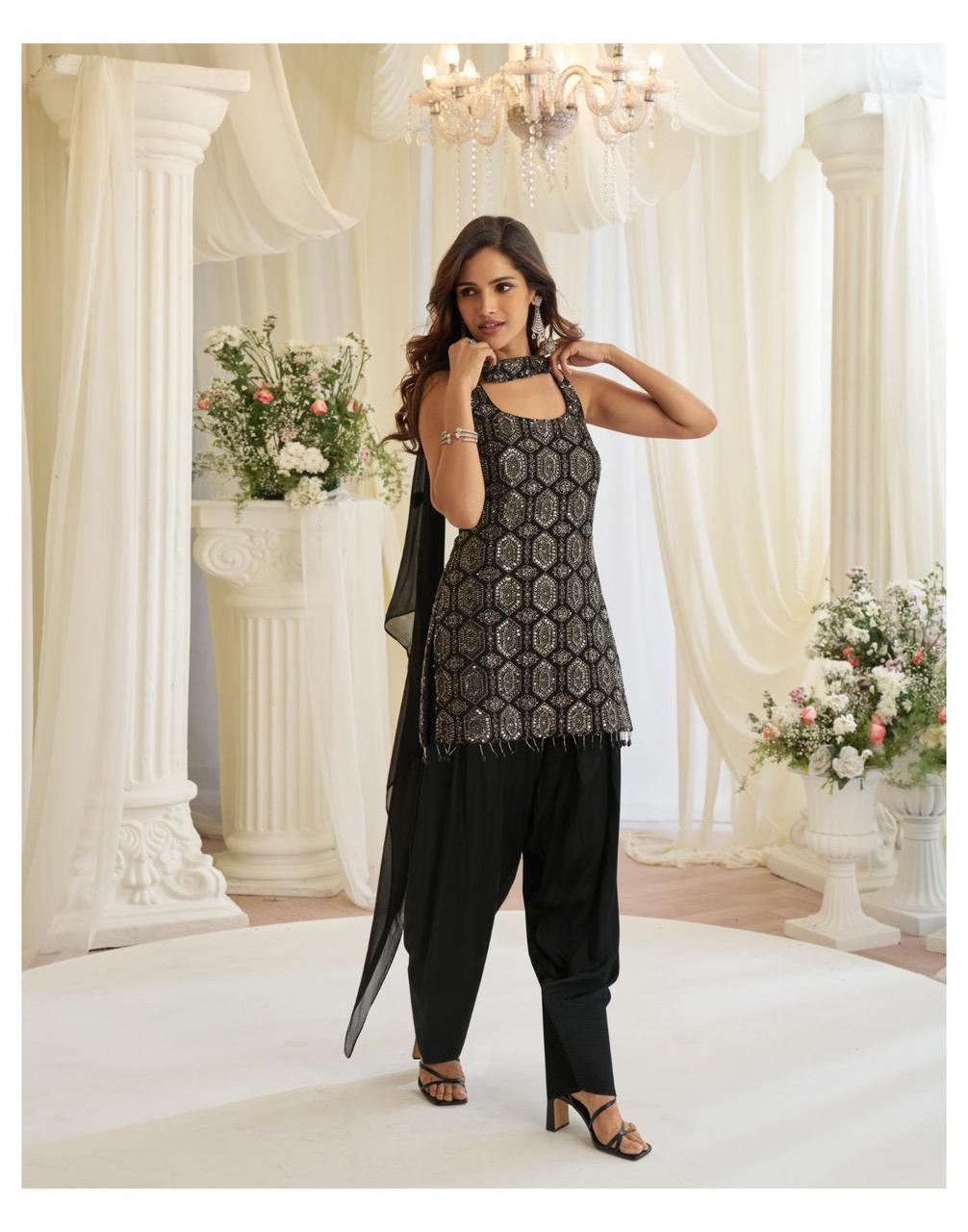 Black Embroidered Kurti Pant Set