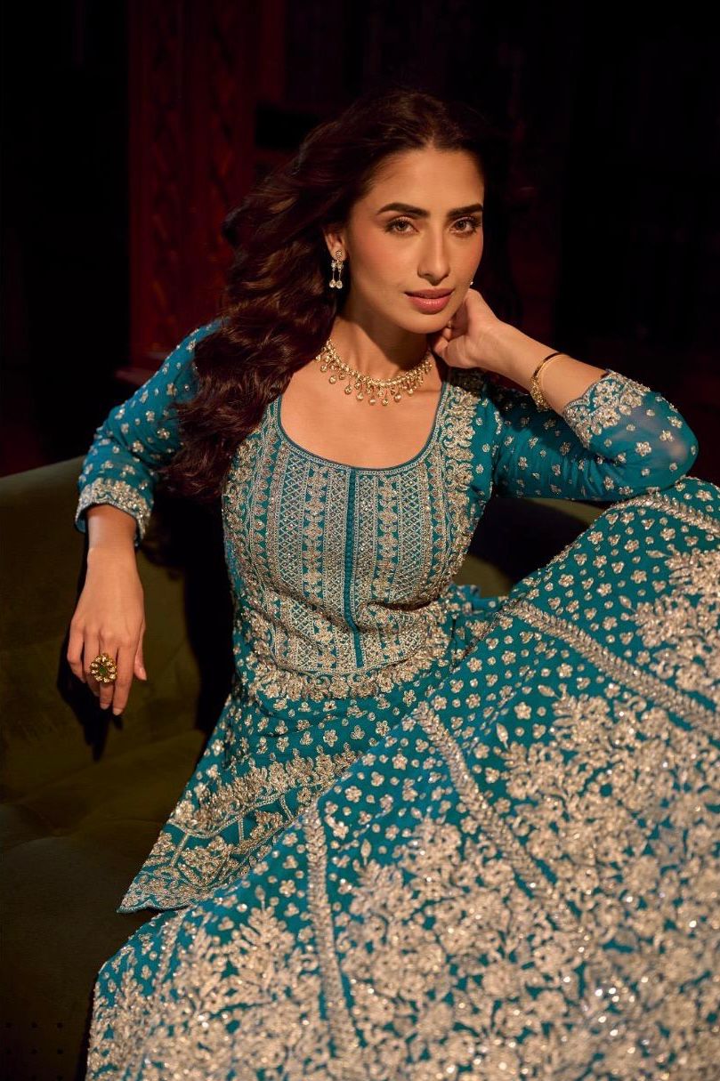 Teal Blue Embroidered Festive Lehenga Set
