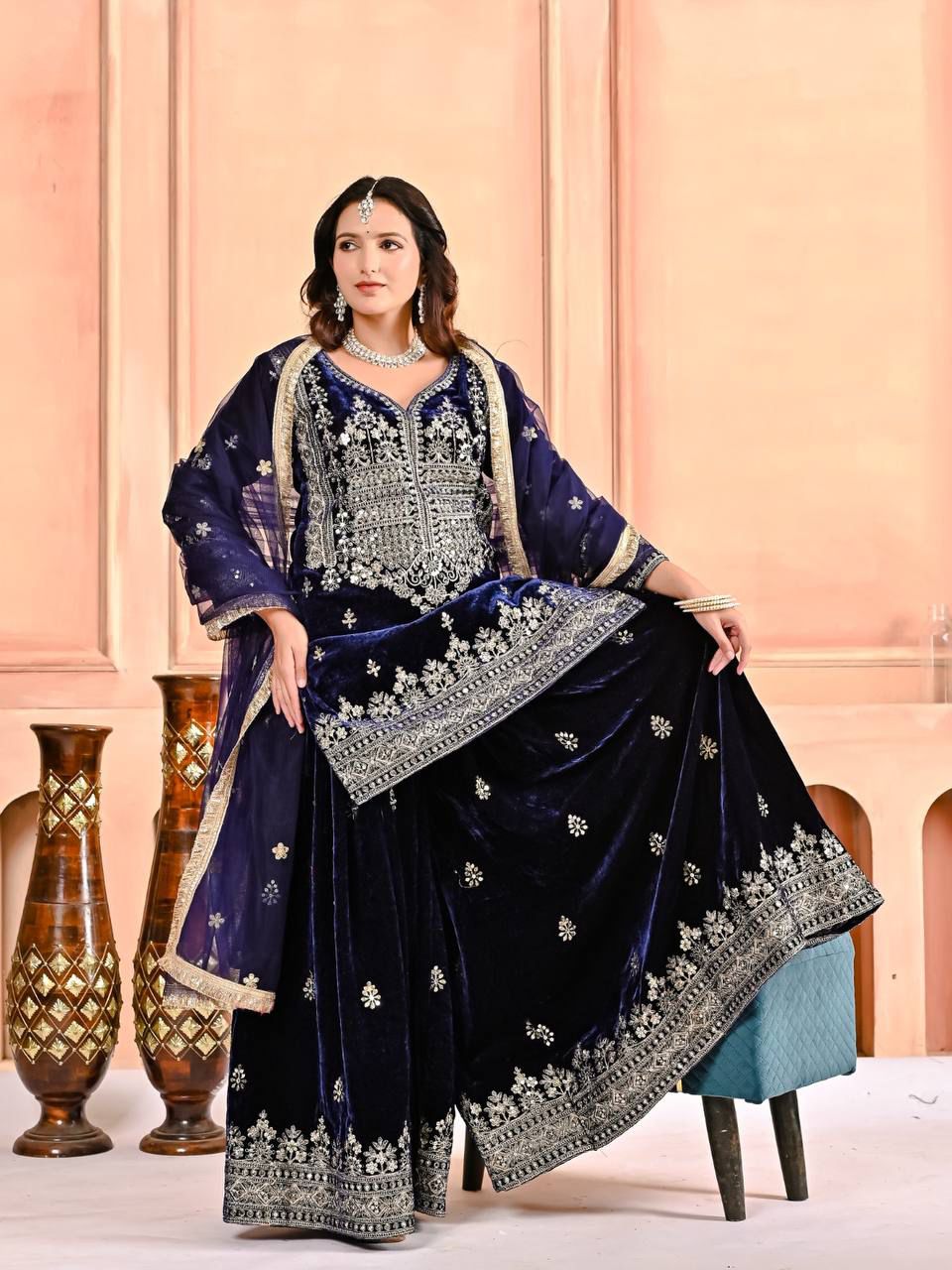 Velvet Embroidered Sharara Set