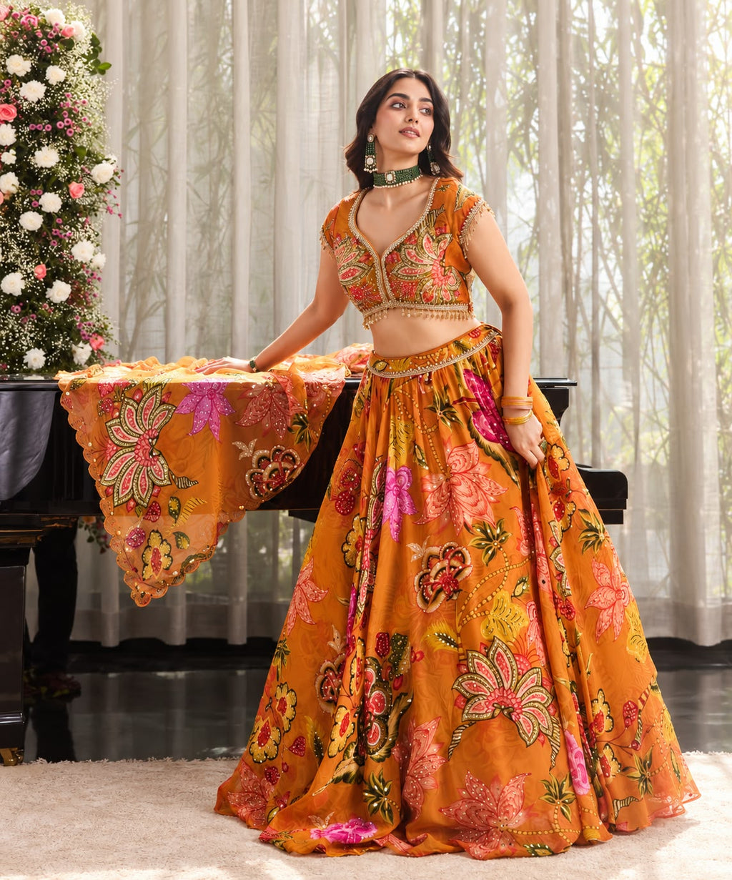 Women’s Designer Printed Lehenga Set with Stone Embellishments