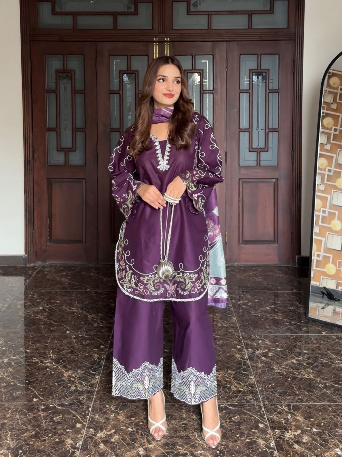 Women’s French Crepe Embroidered Kurti Palazzo Set