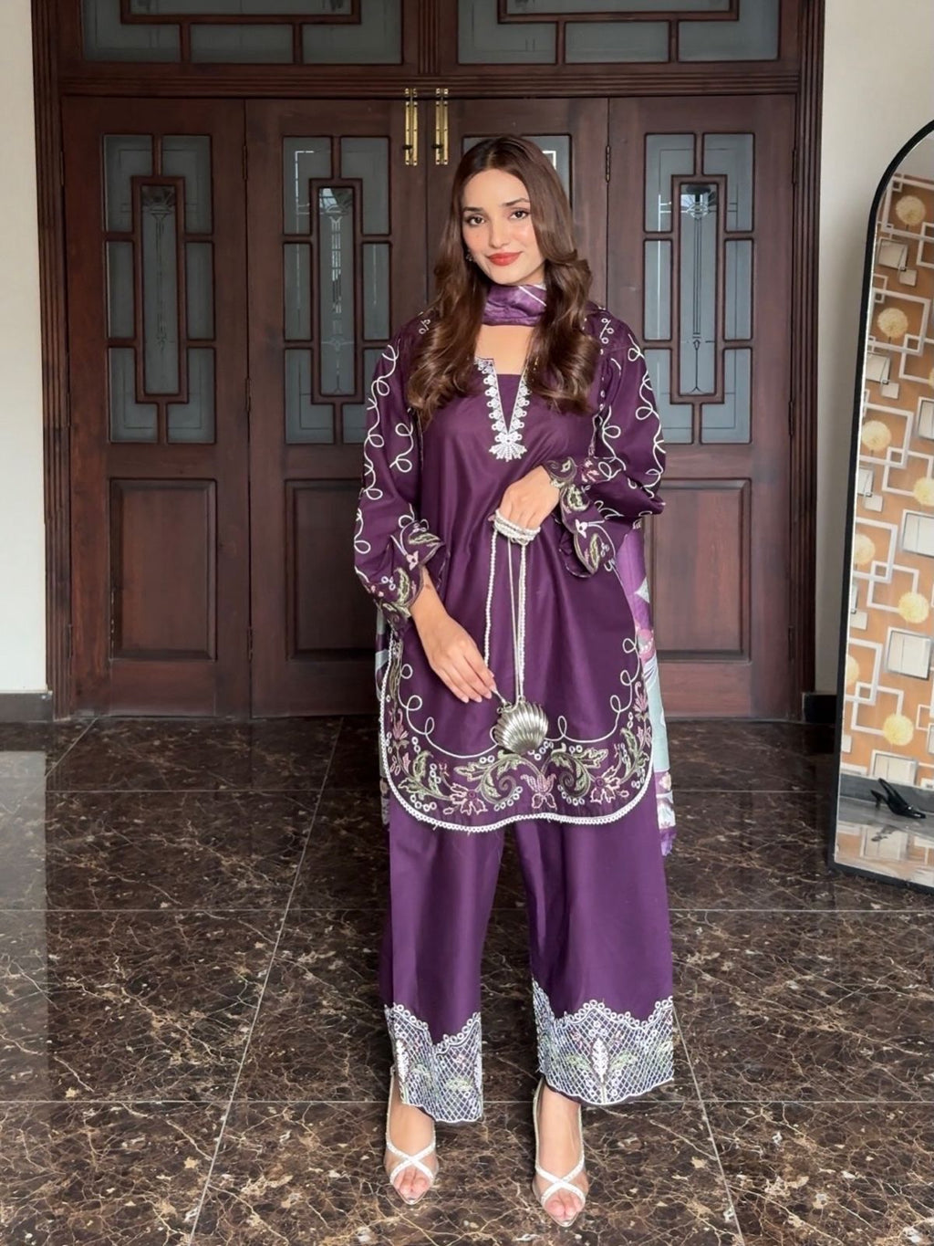 Women’s French Crepe Embroidered Kurti Palazzo Set
