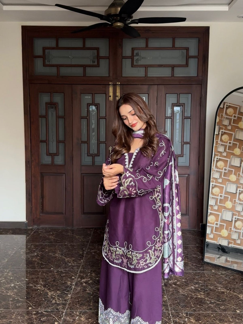 Women’s French Crepe Embroidered Kurti Palazzo Set