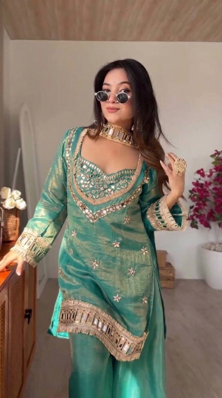 Women’s Fendy Silk Mirror Work Sharara Set