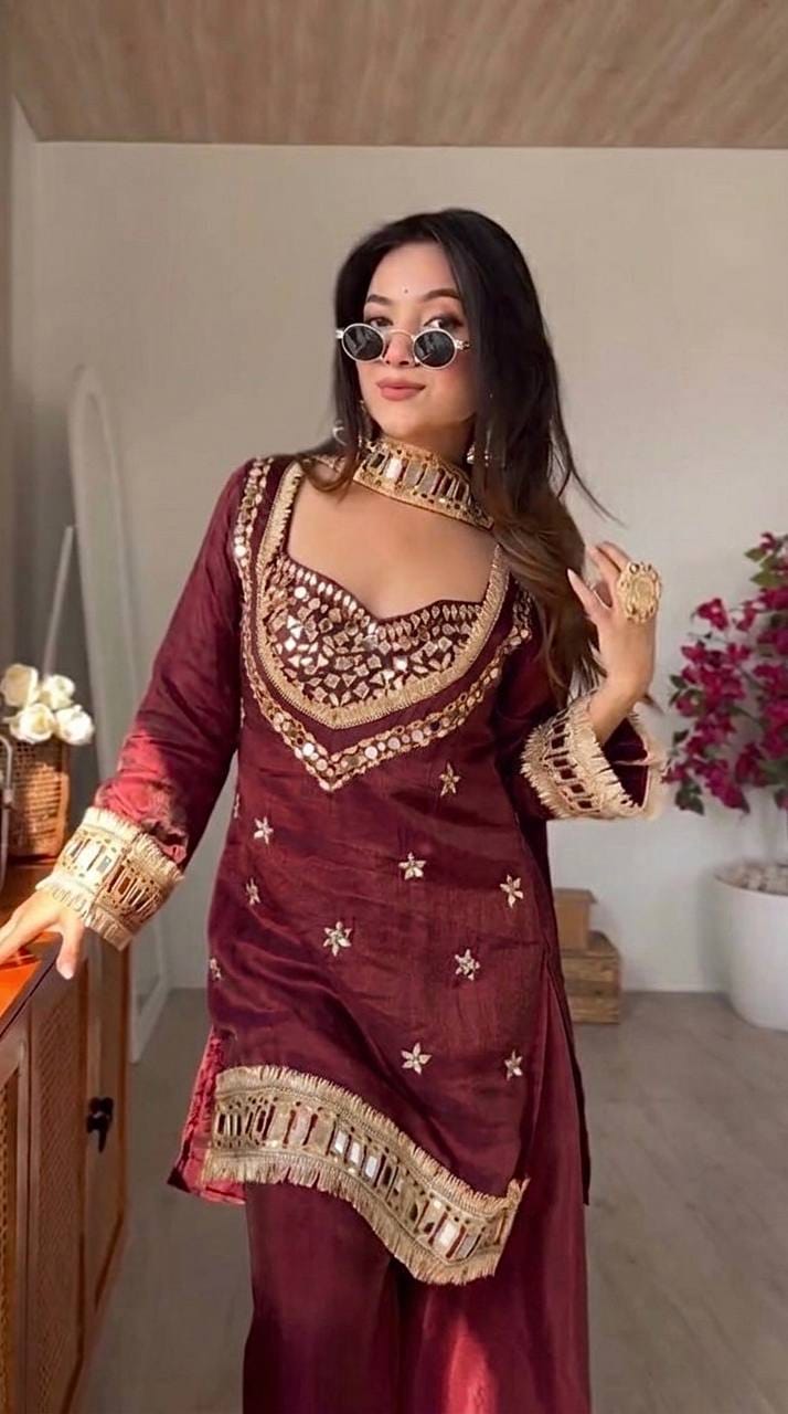 Women’s Fendy Silk Mirror Work Sharara Set