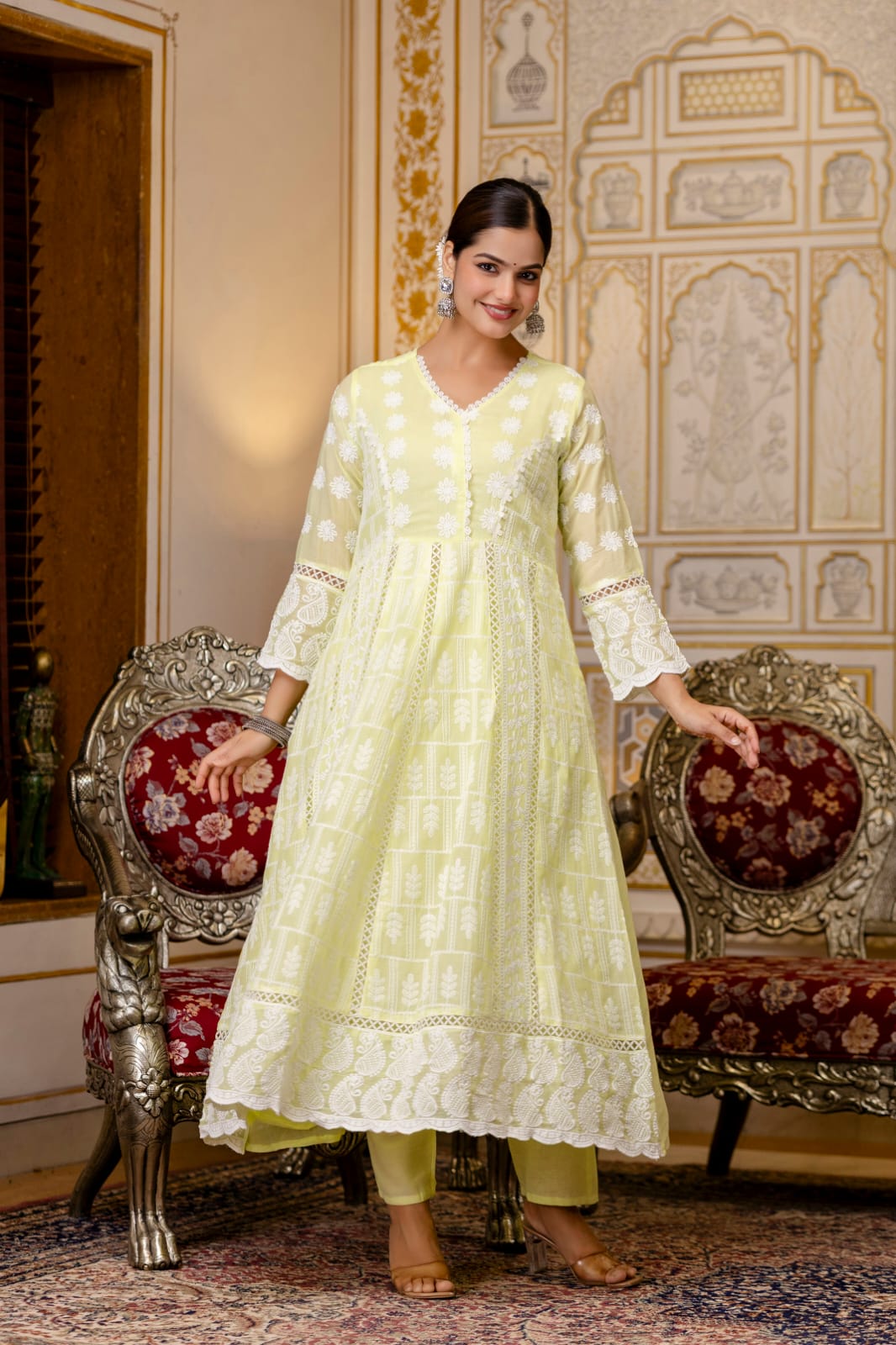 Women’s Mal Cotton Lucknowi Work Gown Set