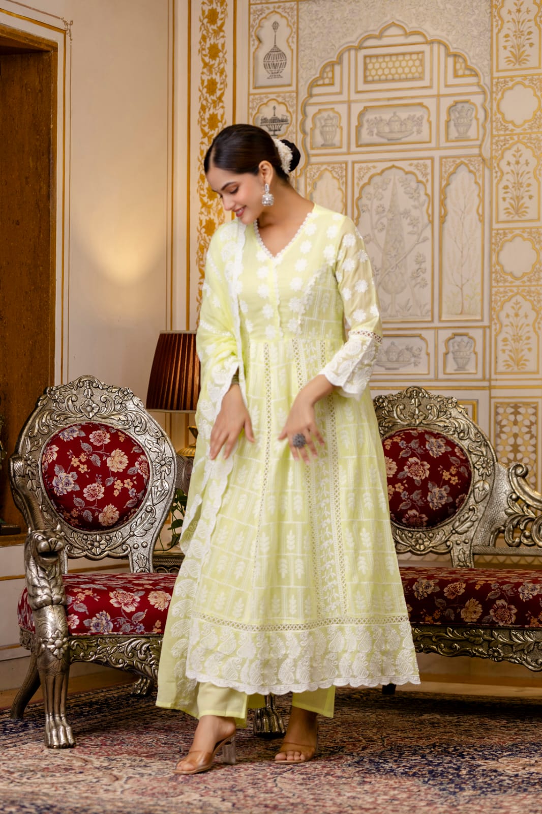 Women’s Mal Cotton Lucknowi Work Gown Set