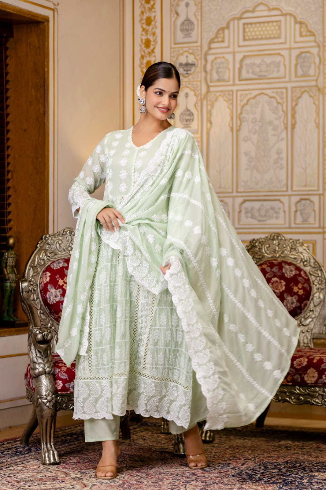 Women’s Mal Cotton Lucknowi Work Gown Set