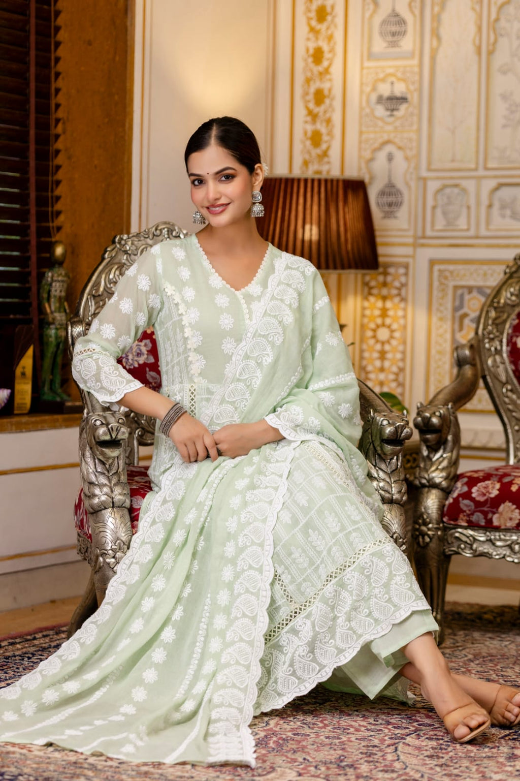 Women’s Mal Cotton Lucknowi Work Gown Set