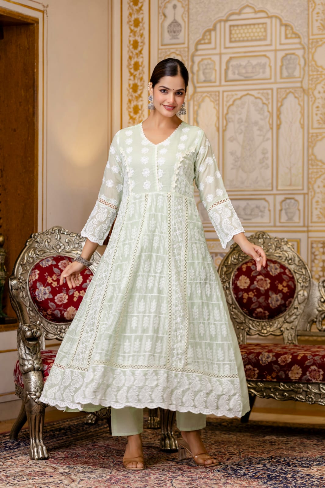 Women’s Mal Cotton Lucknowi Work Gown Set