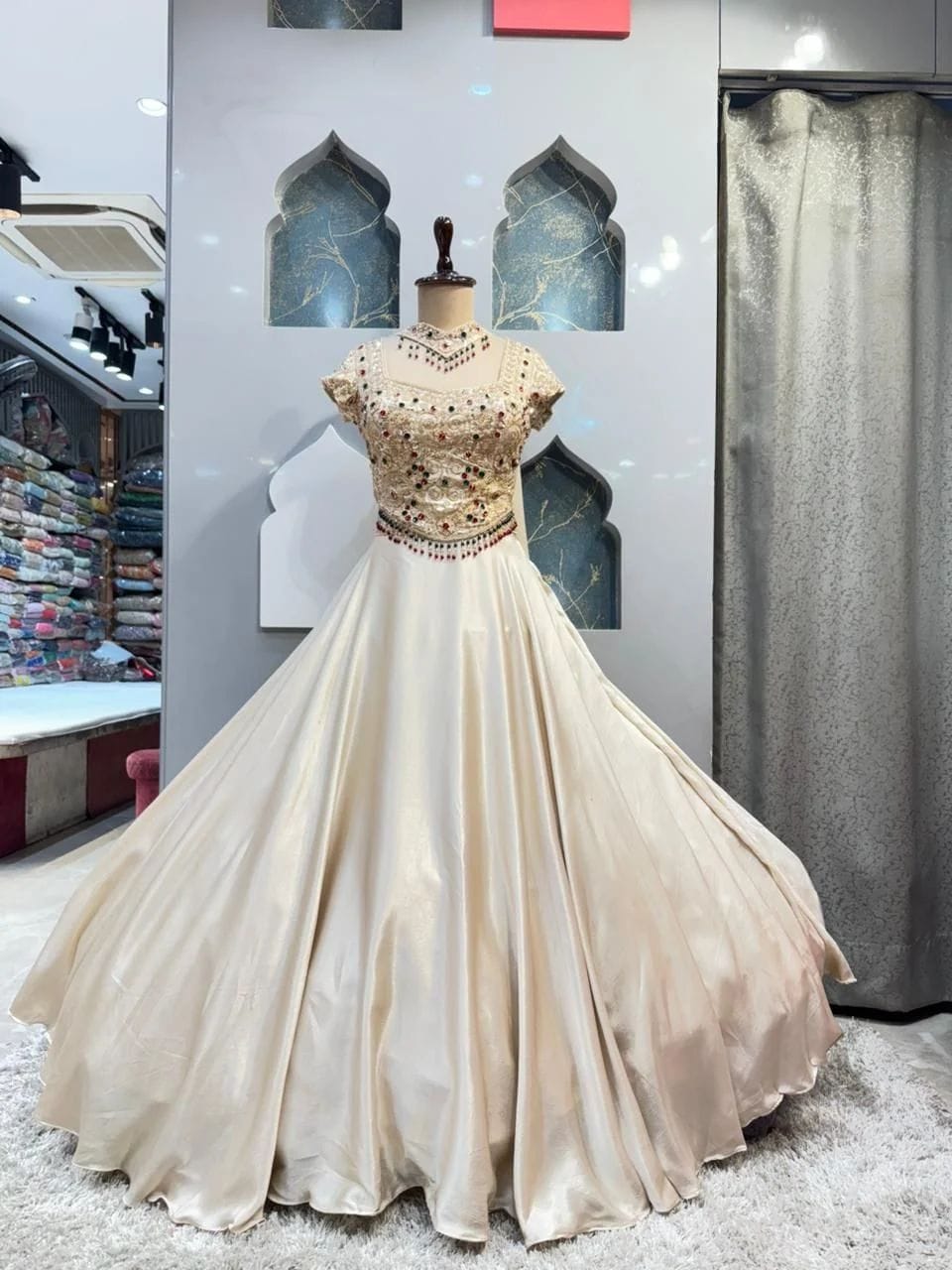 Women’s Ivory Satin Heavy Embellished Ball Gown