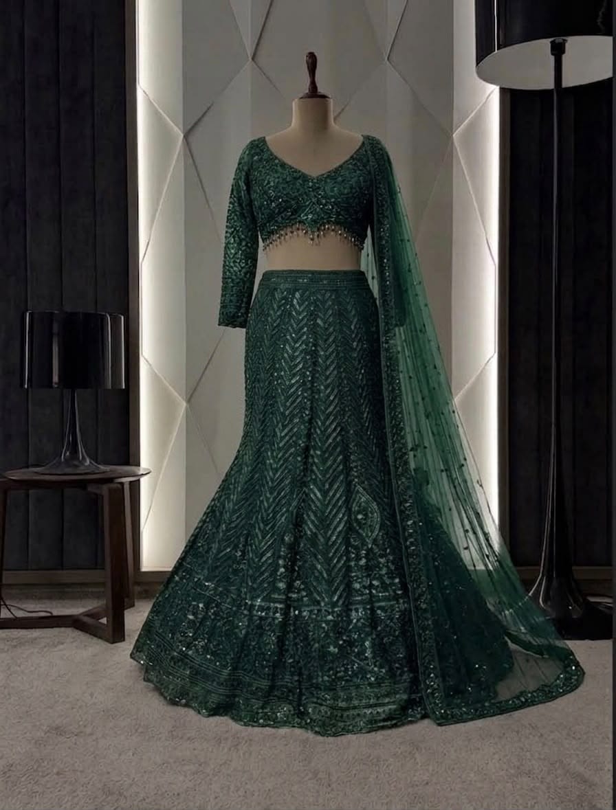 Women’s Emerald Green Heavy Embroidered Lehenga Set