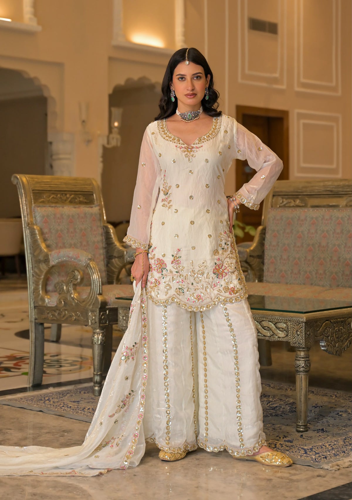 Women’s Fancy Satin Beaded Embroidered Palazzo Set