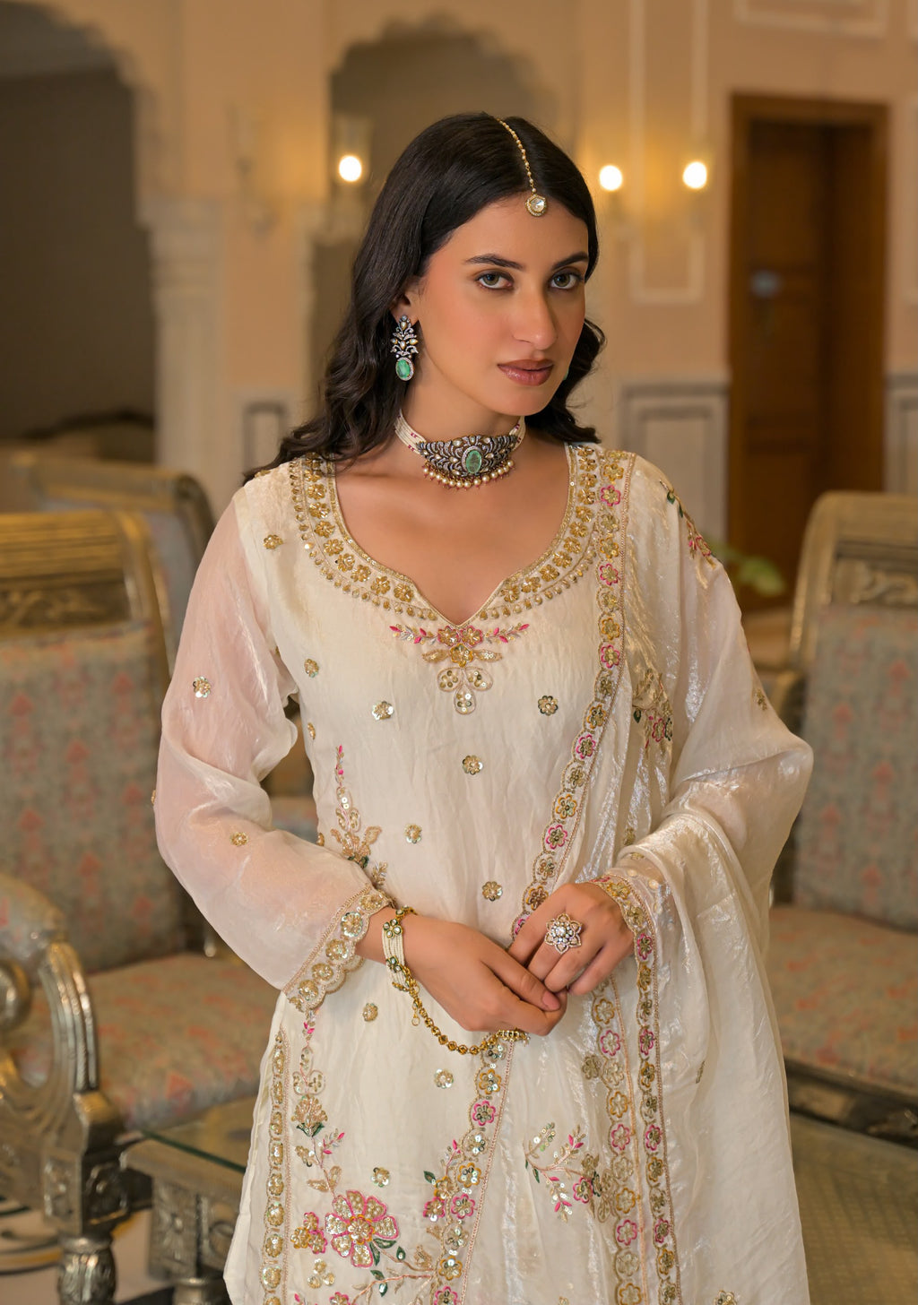 Women’s Fancy Satin Beaded Embroidered Palazzo Set
