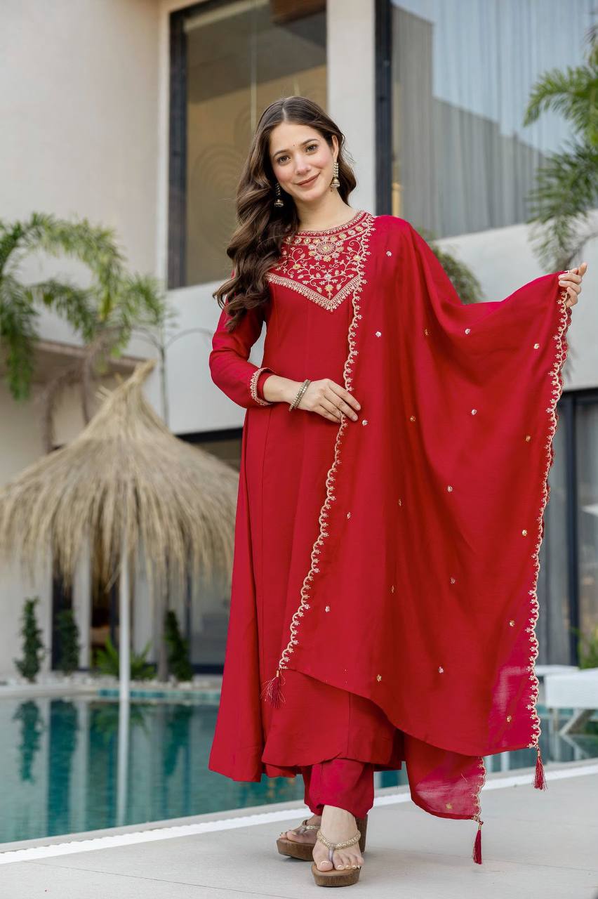 Women's Embroidered Vichitra Silk Flared Anarkali Suit Set
