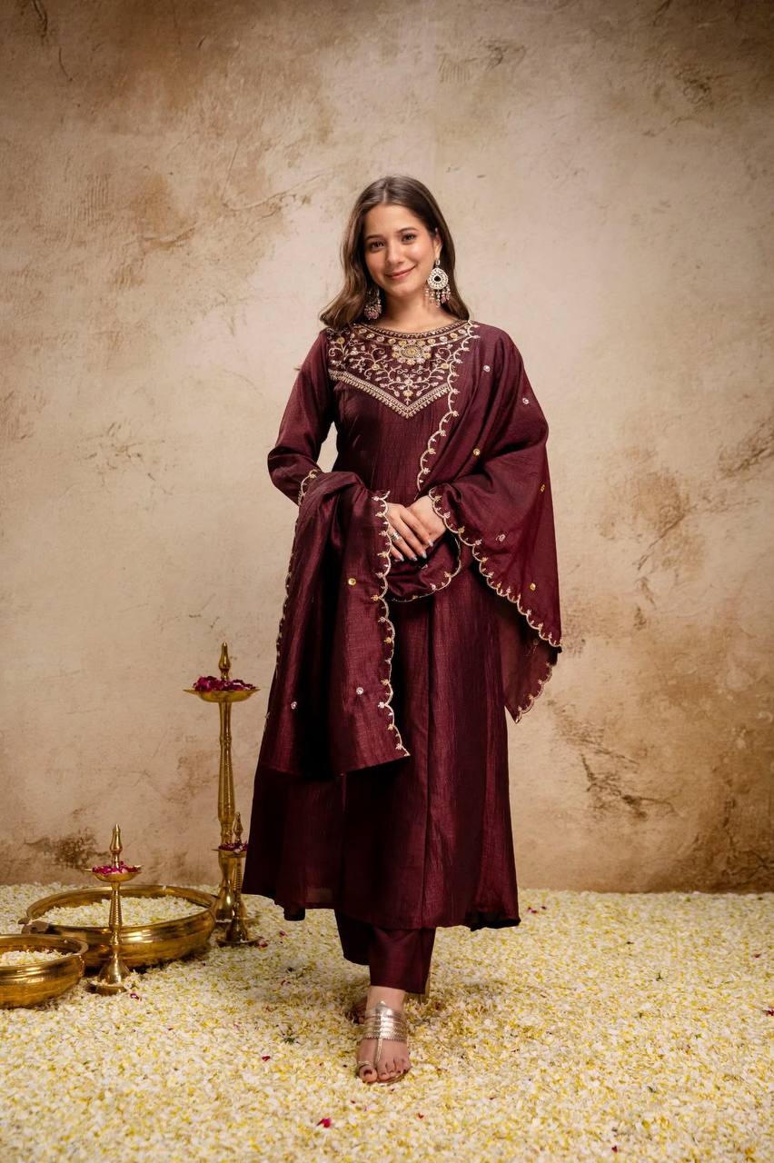 Women's Embroidered Vichitra Silk Flared Anarkali Suit Set