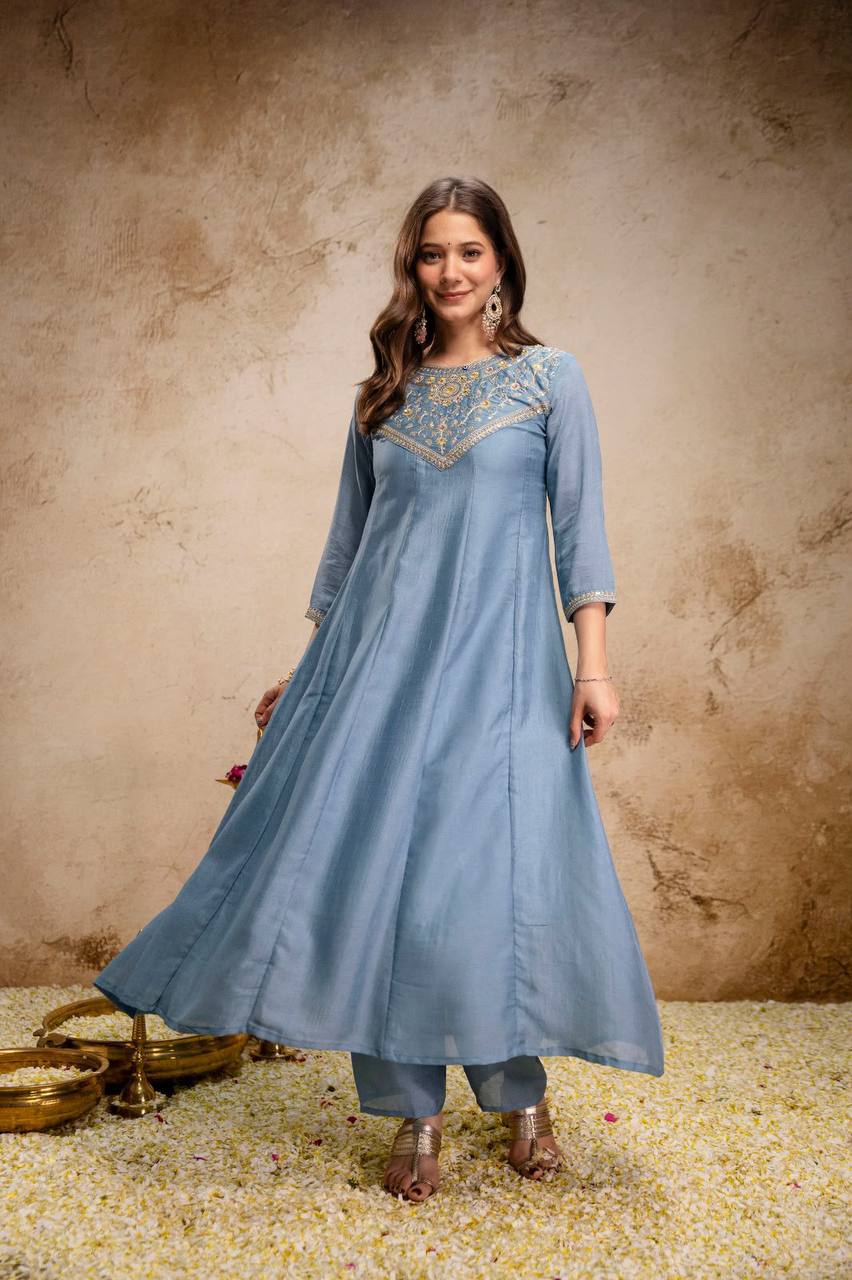 Women's Embroidered Vichitra Silk Flared Anarkali Suit Set