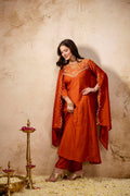 Women's Embroidered Vichitra Silk Flared Anarkali Suit Set