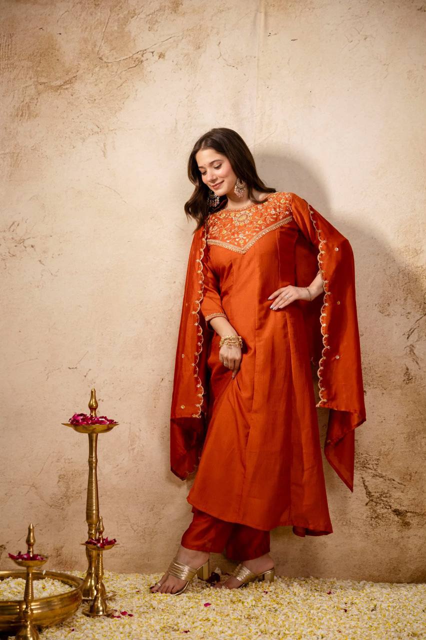 Women's Embroidered Vichitra Silk Flared Anarkali Suit Set