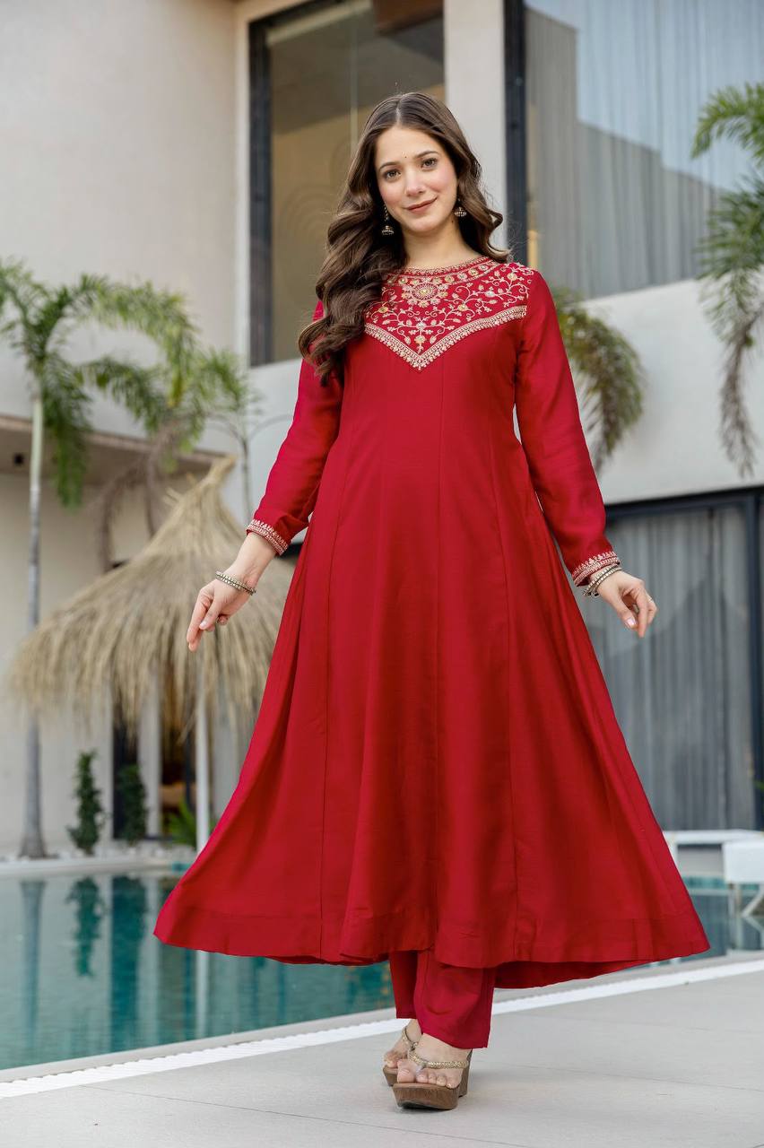 Women's Embroidered Vichitra Silk Flared Anarkali Suit Set