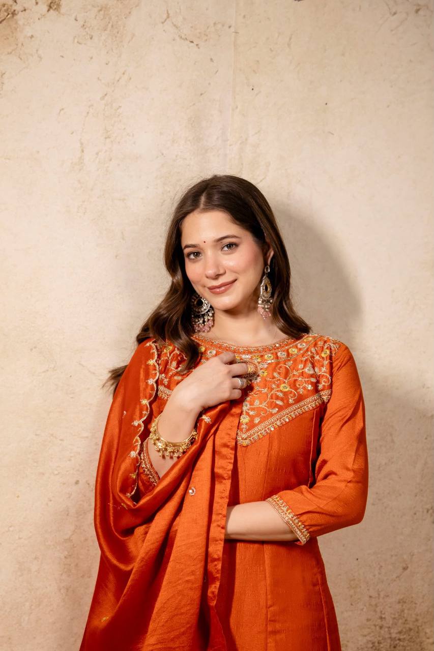 Women's Embroidered Vichitra Silk Flared Anarkali Suit Set