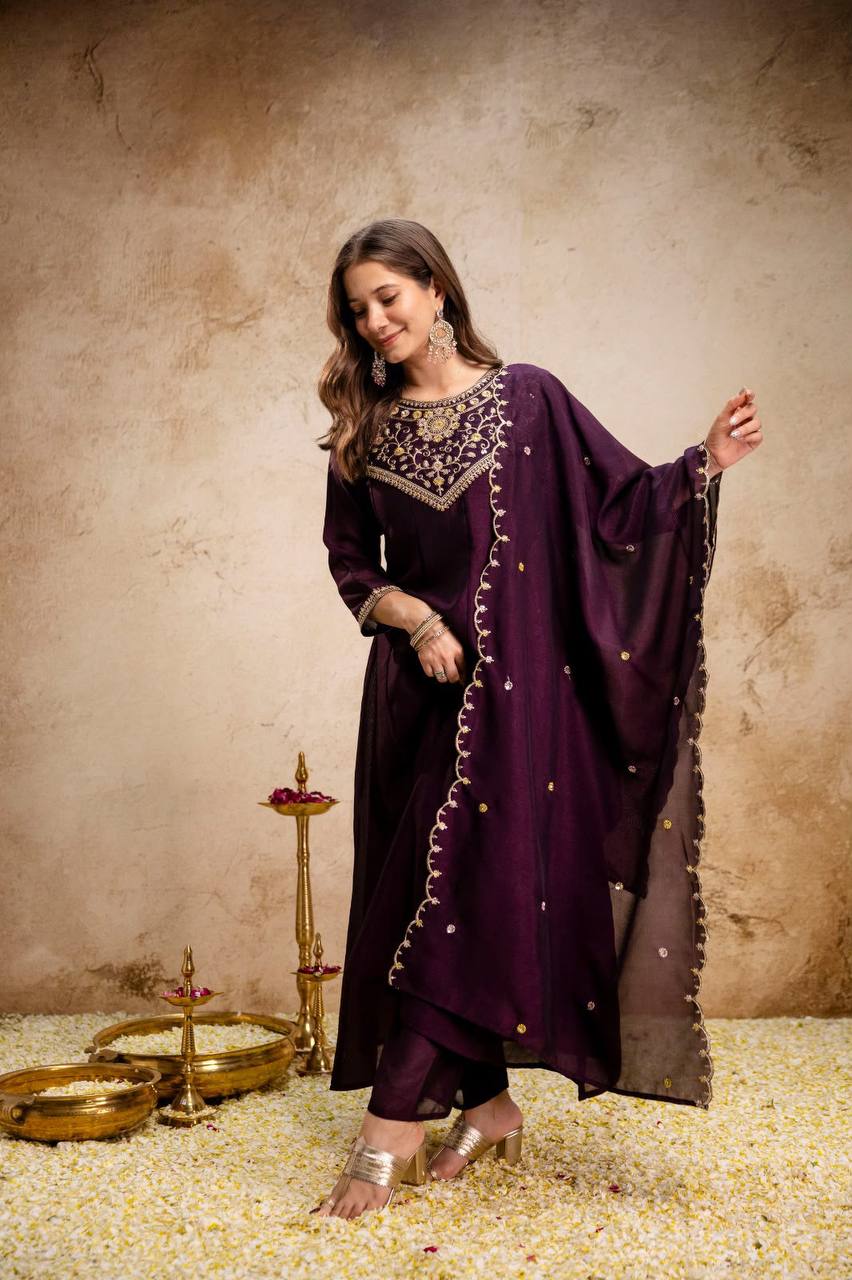 Women's Embroidered Vichitra Silk Flared Anarkali Suit Set