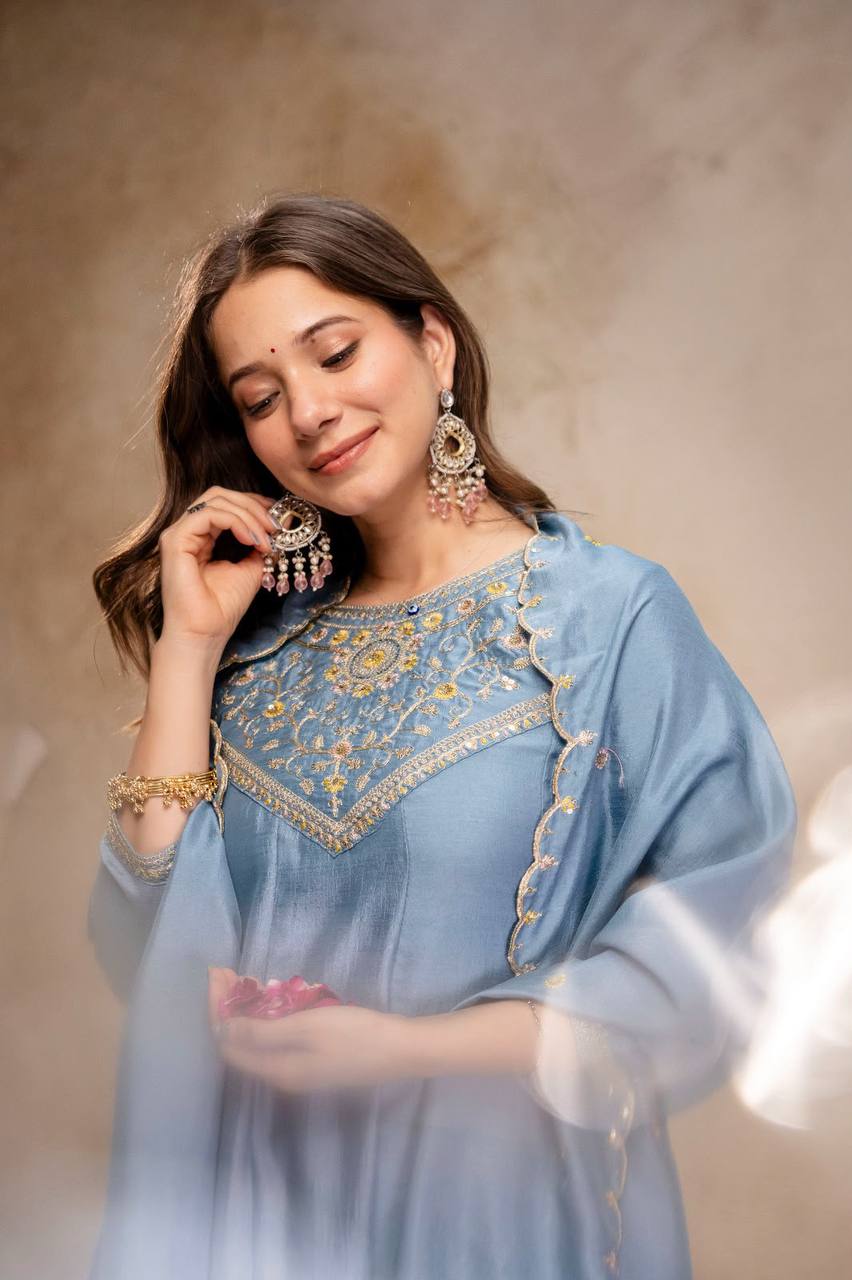 Women's Embroidered Vichitra Silk Flared Anarkali Suit Set