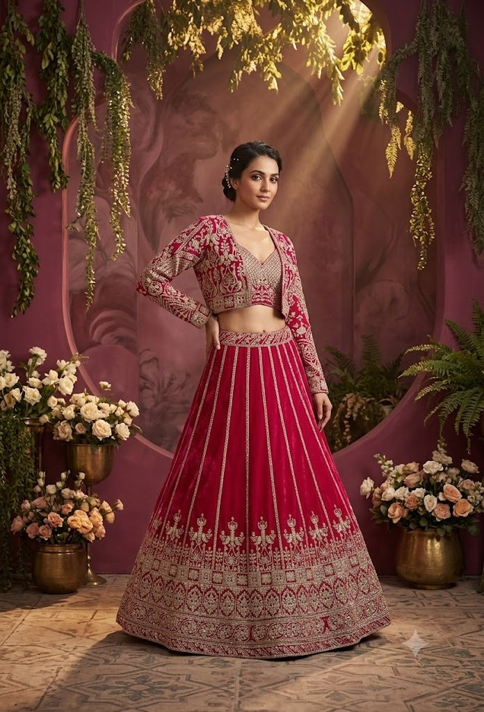 Women’s Wine Embroidered Lehenga Set