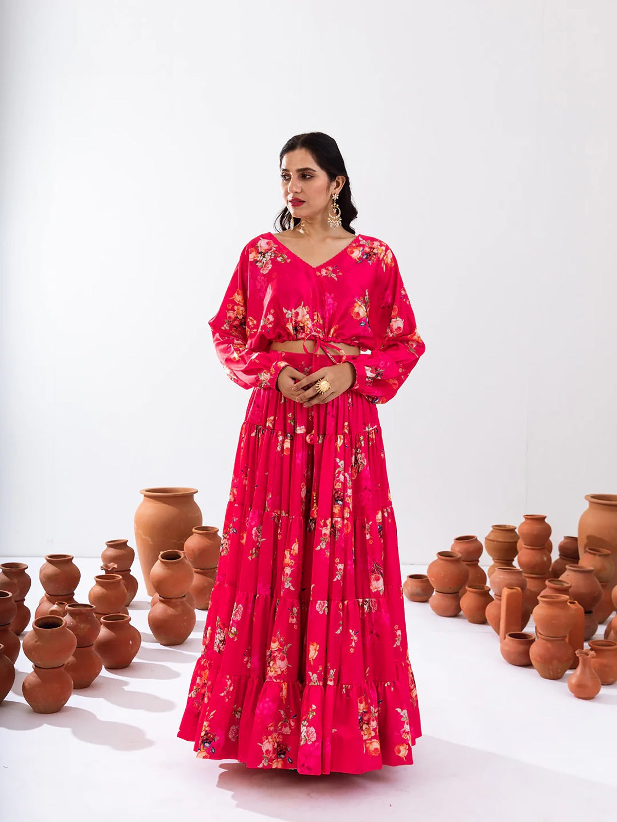 Women’s Heavy Airtex Chinon Printed Crop Top & Lehenga Set