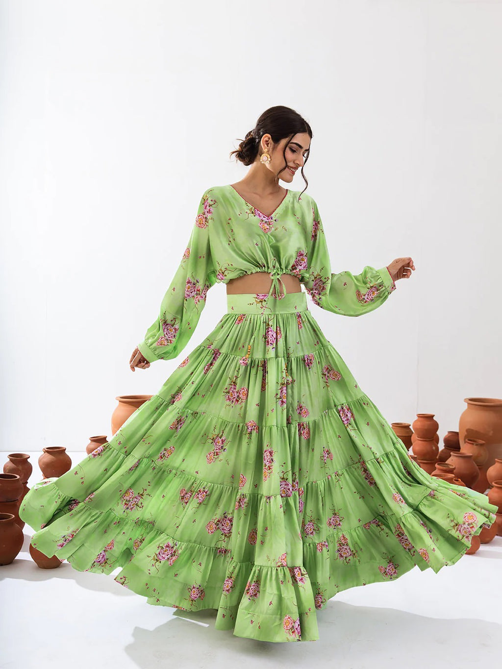 Women’s Heavy Airtex Chinon Printed Crop Top & Lehenga Set