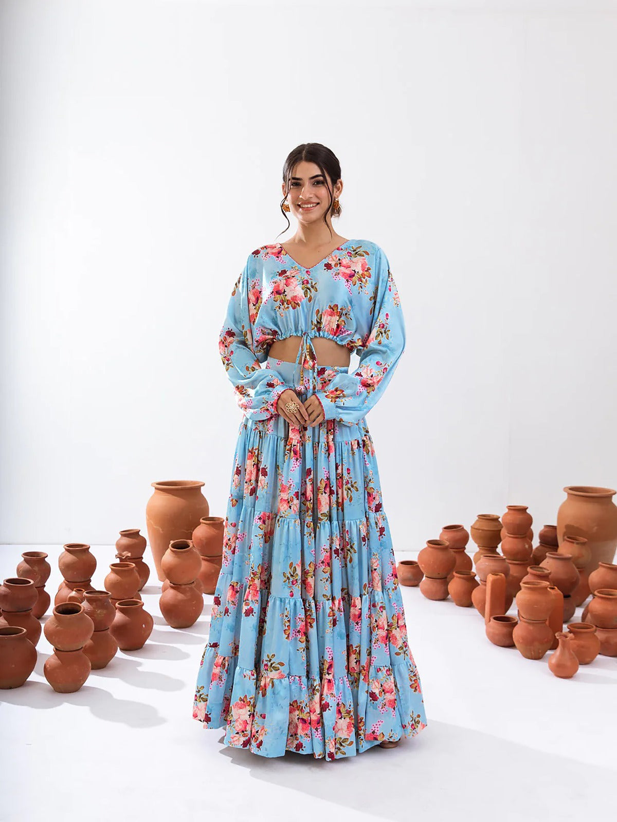 Women’s Heavy Airtex Chinon Printed Crop Top & Lehenga Set
