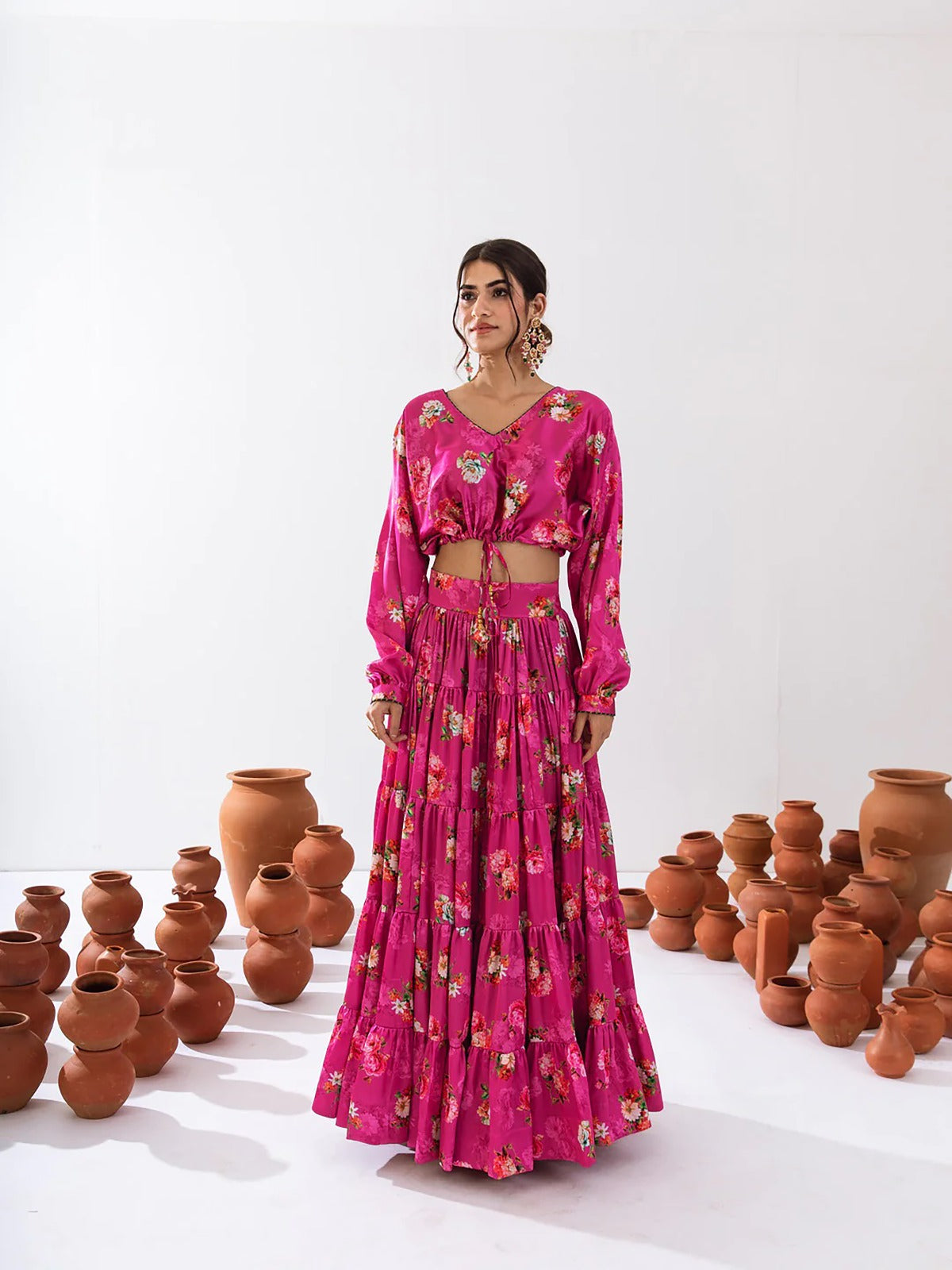 Women’s Heavy Airtex Chinon Printed Crop Top & Lehenga Set