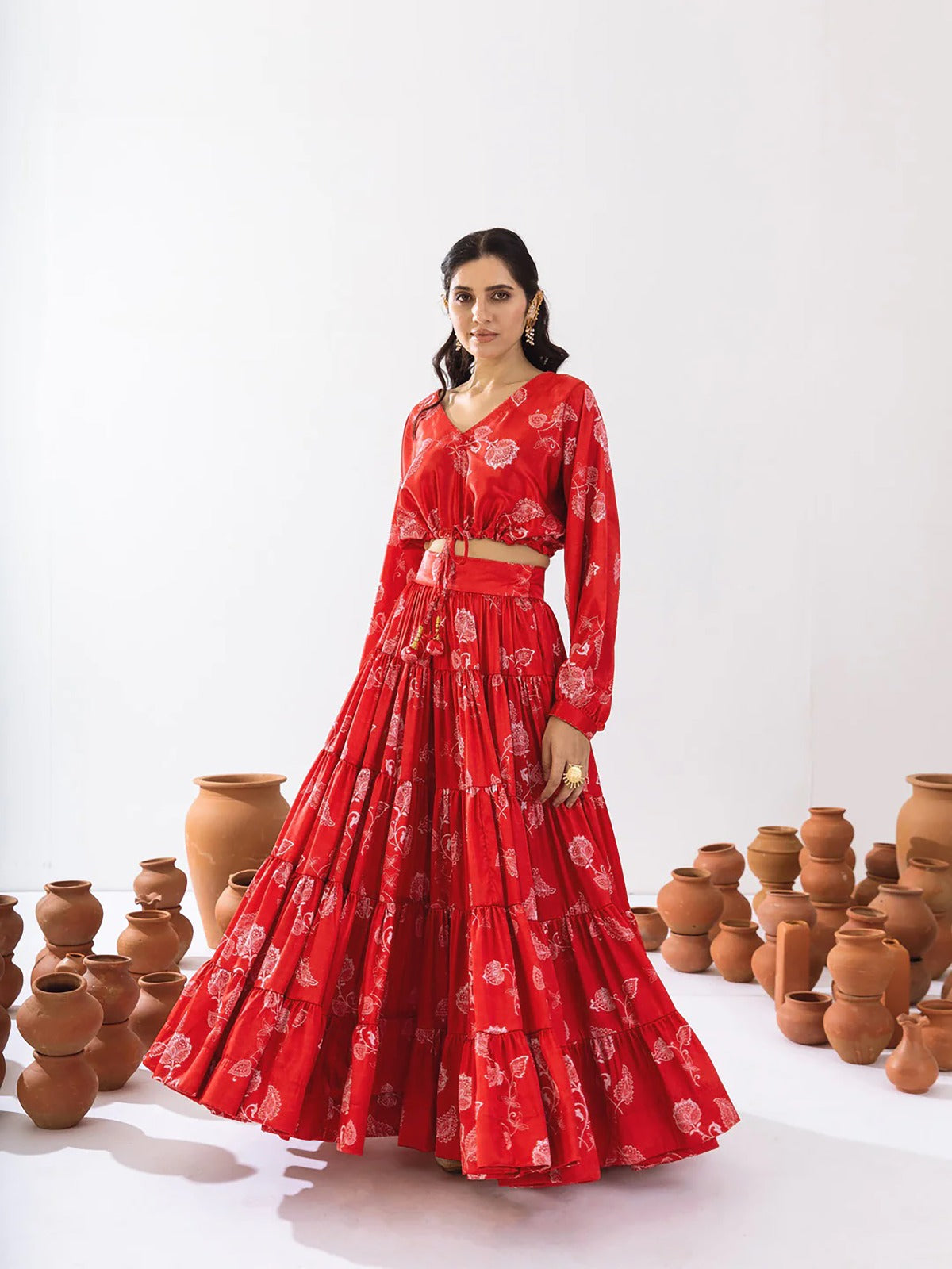 Women’s Heavy Airtex Chinon Printed Crop Top & Lehenga Set