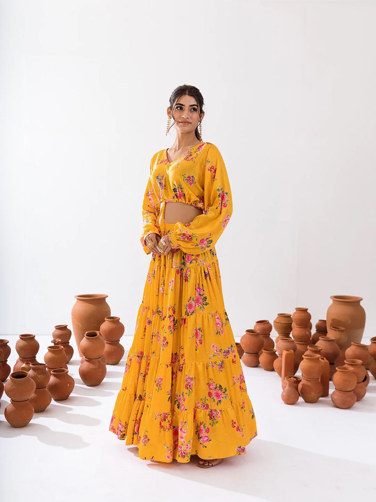 Women’s Heavy Airtex Chinon Printed Crop Top & Lehenga Set