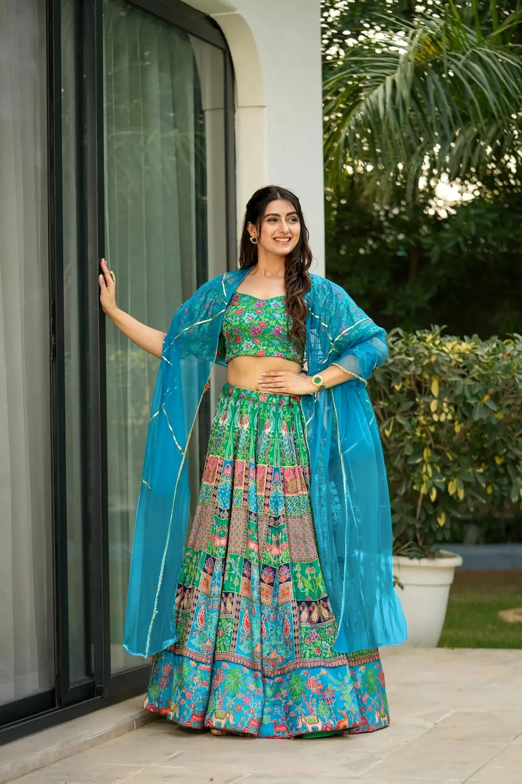 Women’s Silk Digital Print Crop Top & Lehenga Set