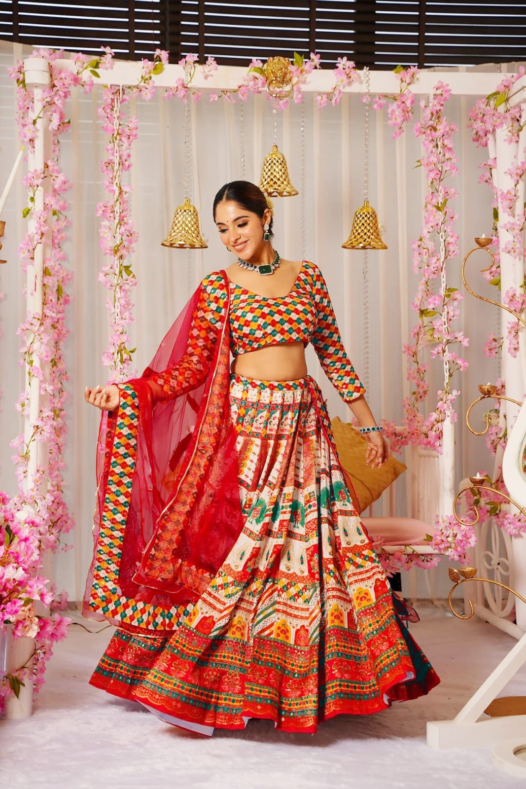 Women’s Silk Digital Print Crop Top & Lehenga Set