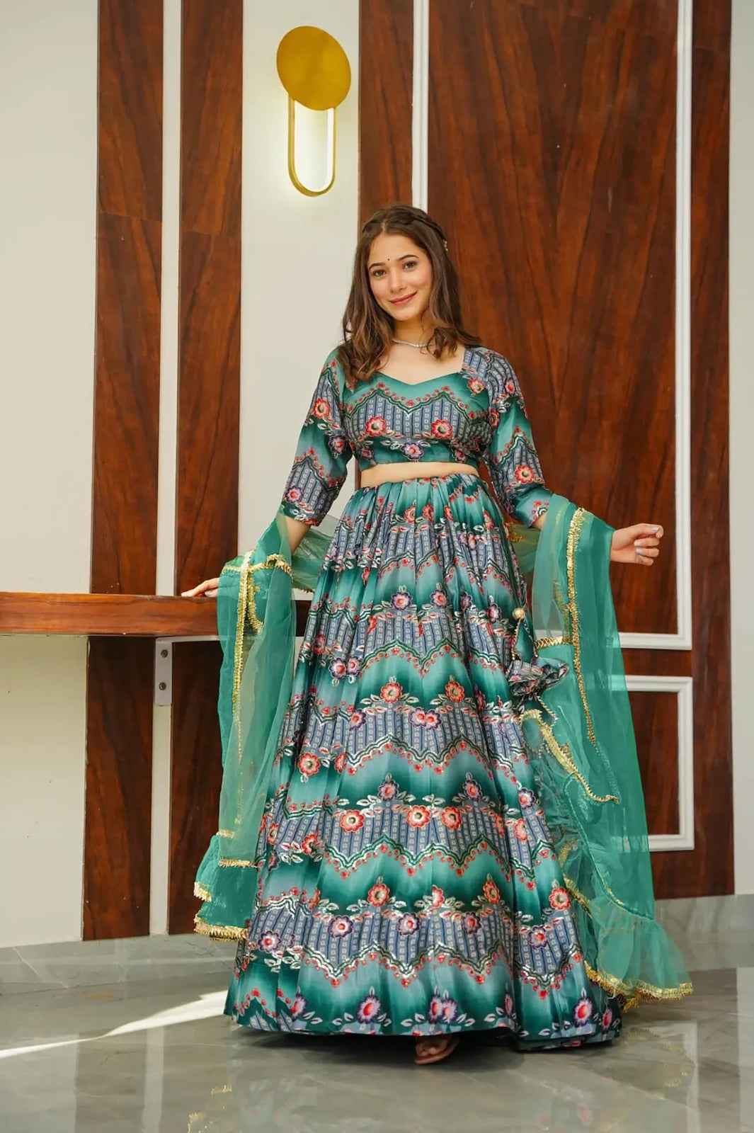 Women’s Silk Digital Print Crop Top & Lehenga Set