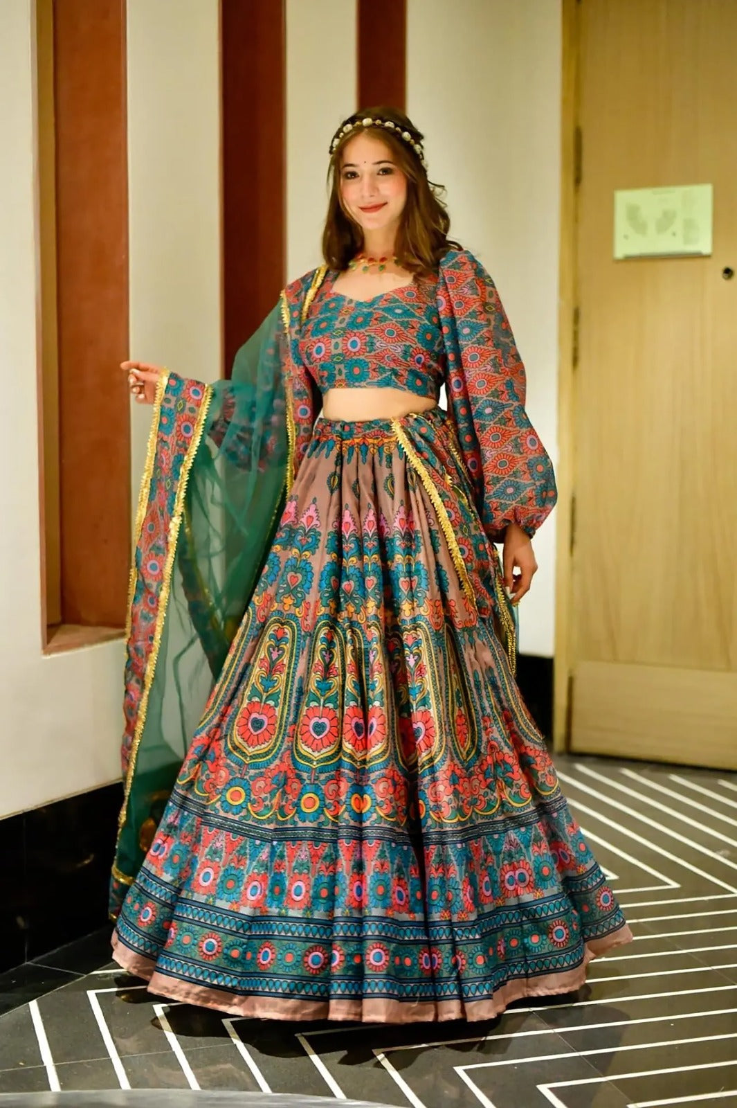 Women’s Silk Digital Print Crop Top & Lehenga Set