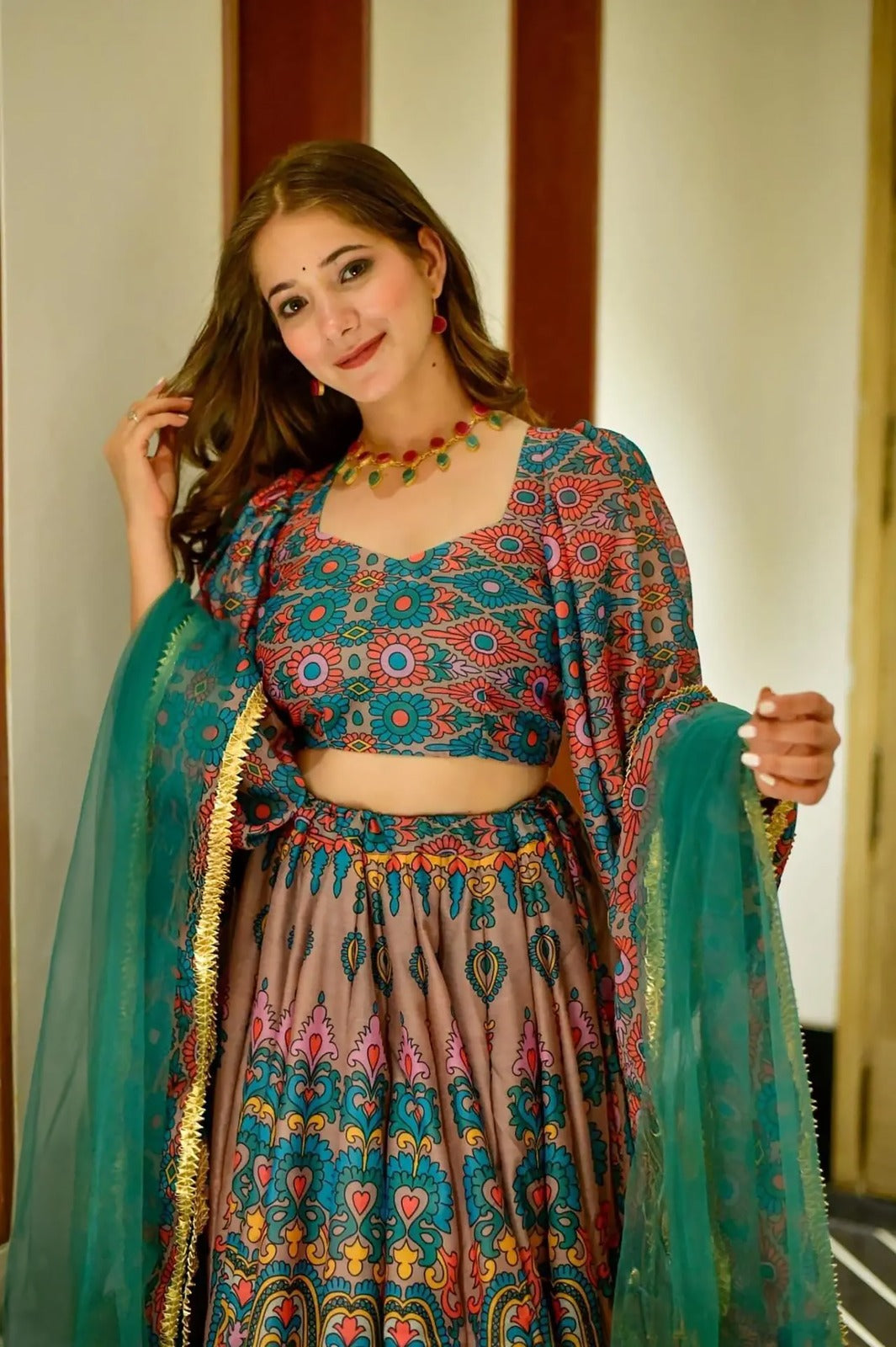 Women’s Silk Digital Print Crop Top & Lehenga Set