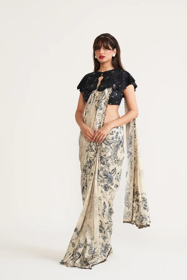Dupion Silk Printed Drape Saree with Embroidered Bustier & Bib