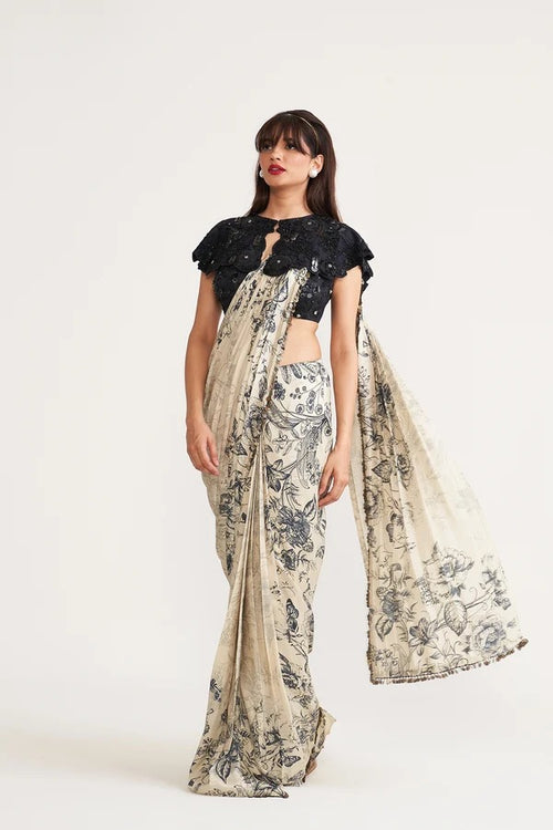Dupion Silk Printed Drape Saree with Embroidered Bustier & Bib
