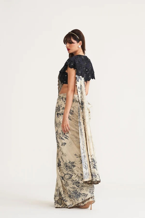 Dupion Silk Printed Drape Saree with Embroidered Bustier & Bib